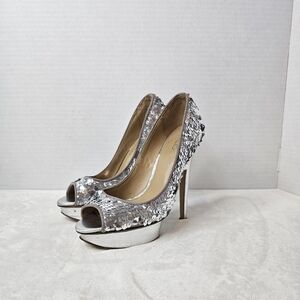 Aldo Silver Sequin Peep-Toe Platform Heels